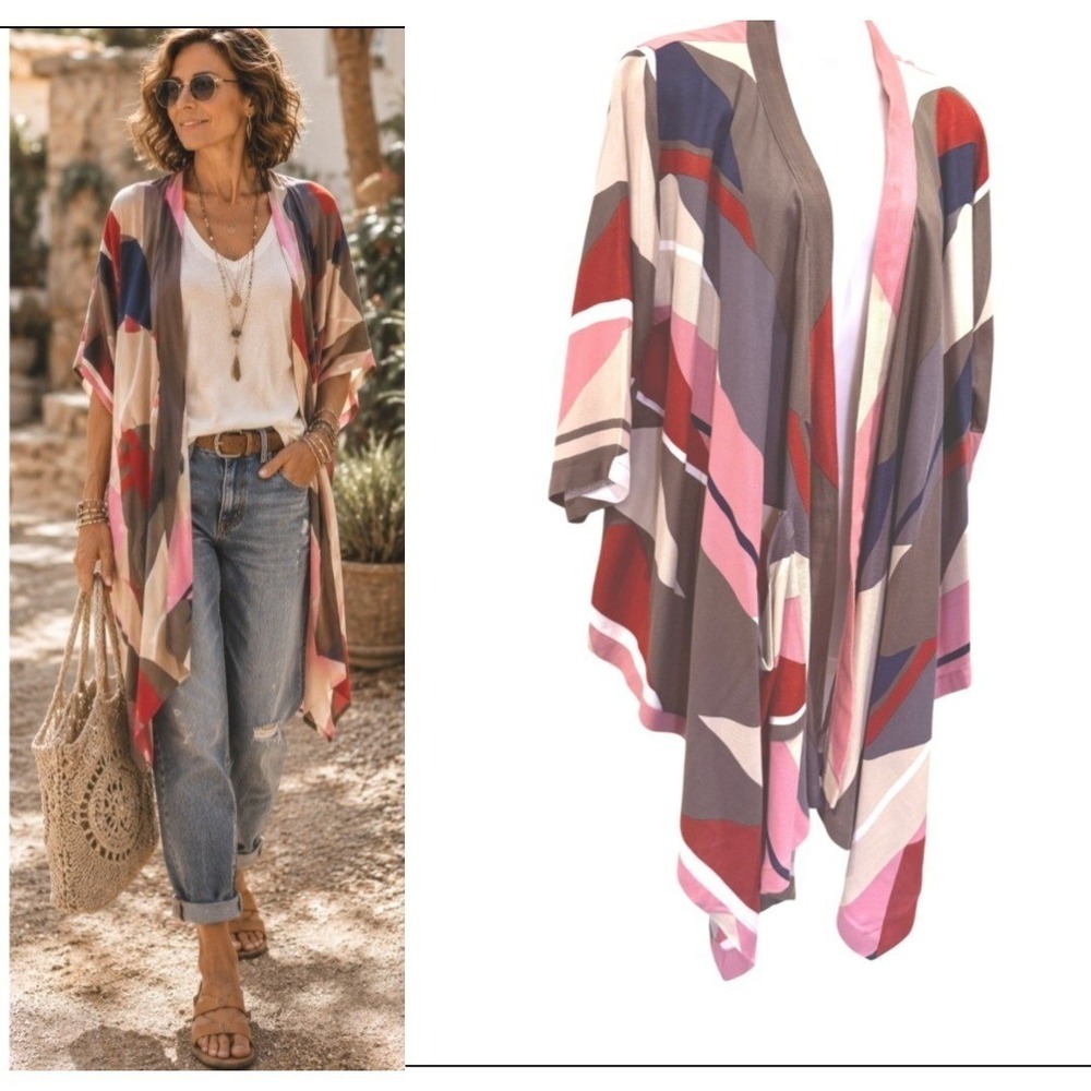 Bel Kazan  Geometric Abstract Kimono Cardigan One Size Boho Aritsian Festival